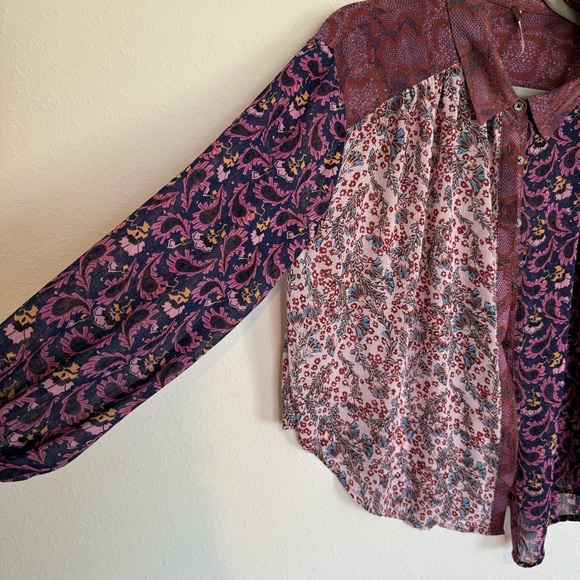 Free People Dani Blouse Size Small Purple Brown Floral Button Up Loose Sheer - Picture 3 of 7